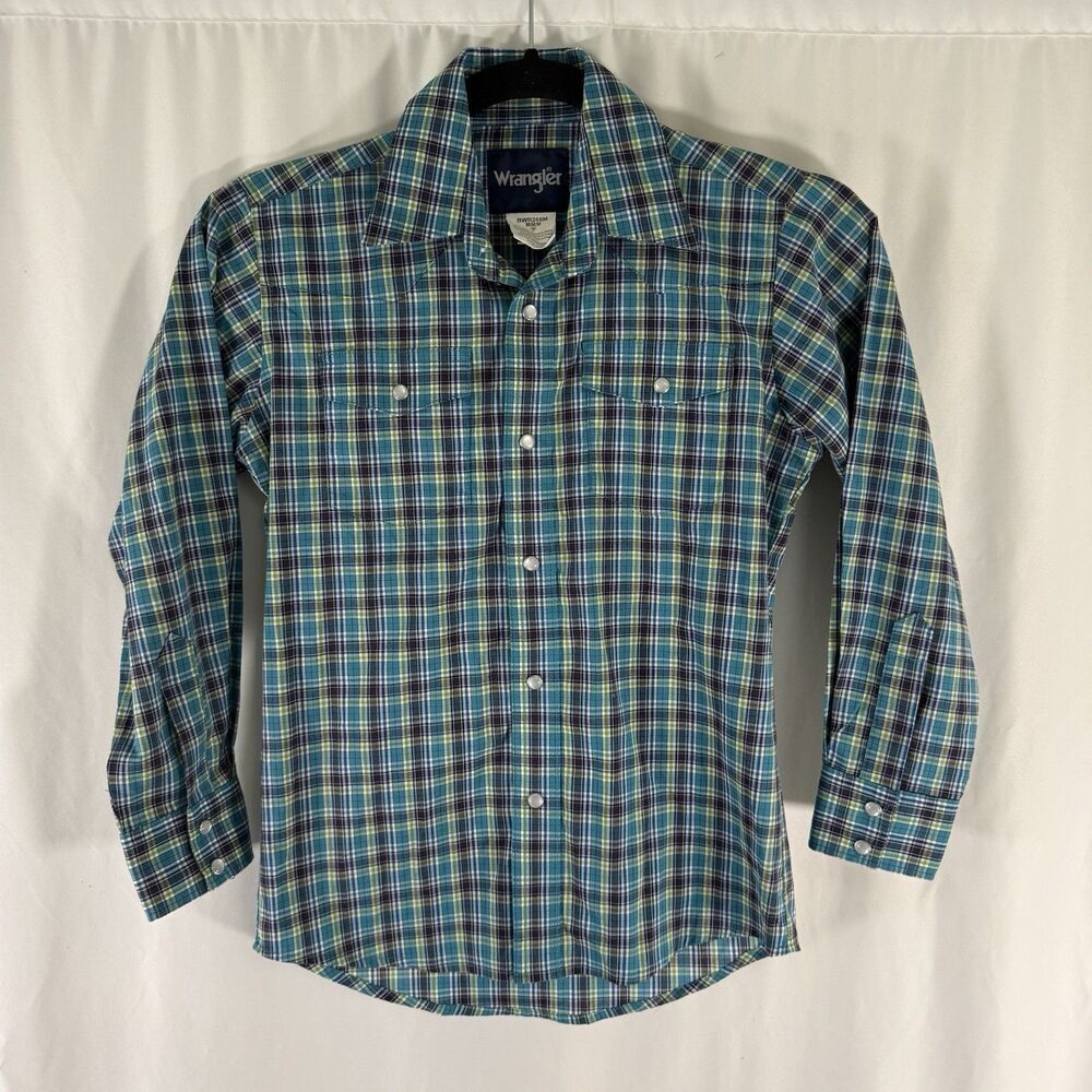 Wrangler Pearl Snap Boys Medium 7/8 Blue Green Plaid Pockets Button Up Long Slv